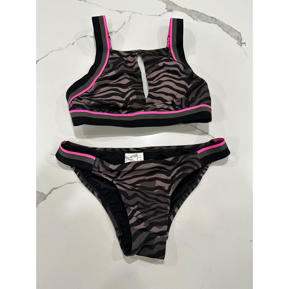 Sanctuary Womens XS Bikini Set Animal Print Pink Stripe High Neck Keyhole Swim